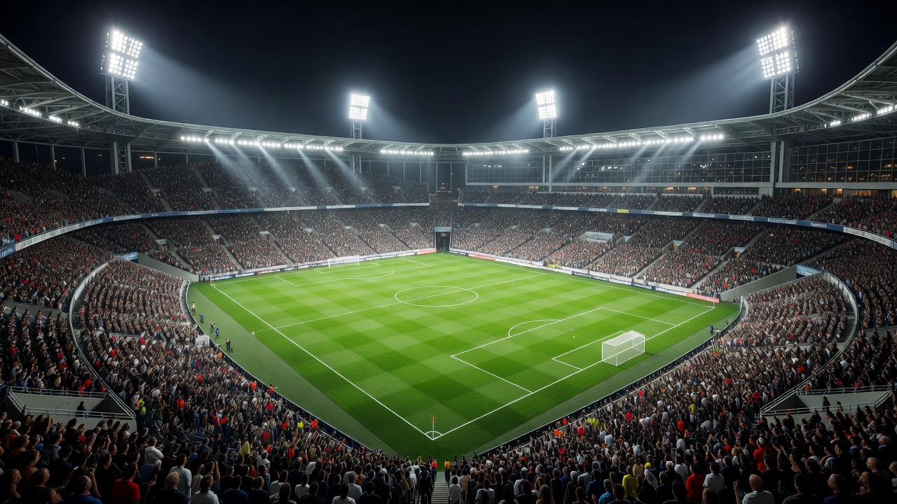 Floodlights illuminating a massive football stadium