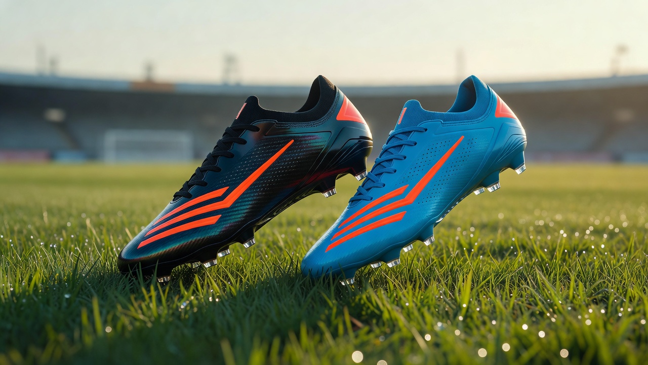 Modern football boots on grass