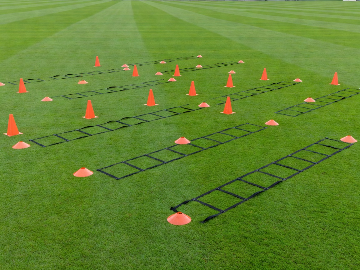 Training cones and agility ladders on a pitch