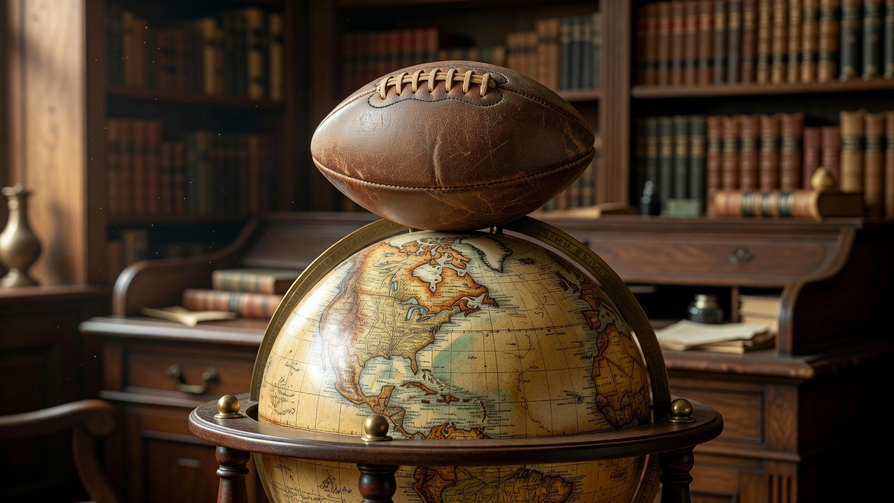 Vintage leather football resting on a globe
